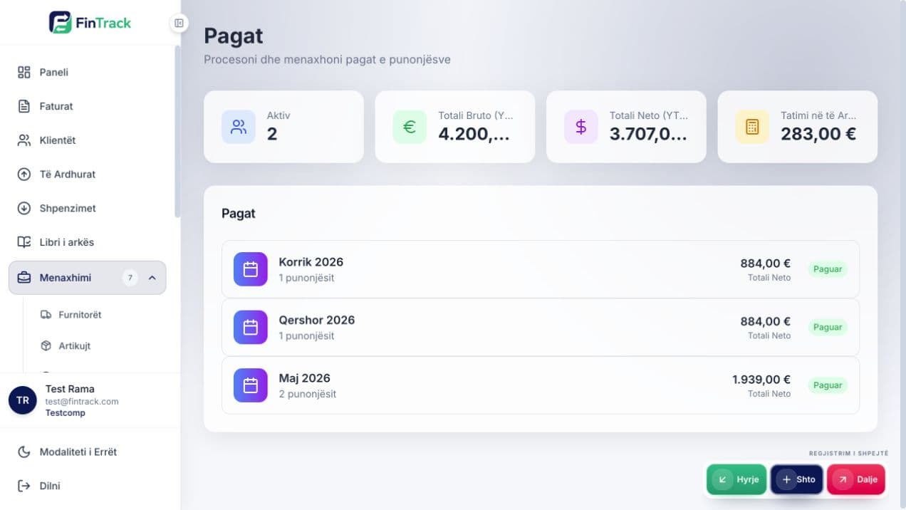 Moduli i pagave në FINTRACK